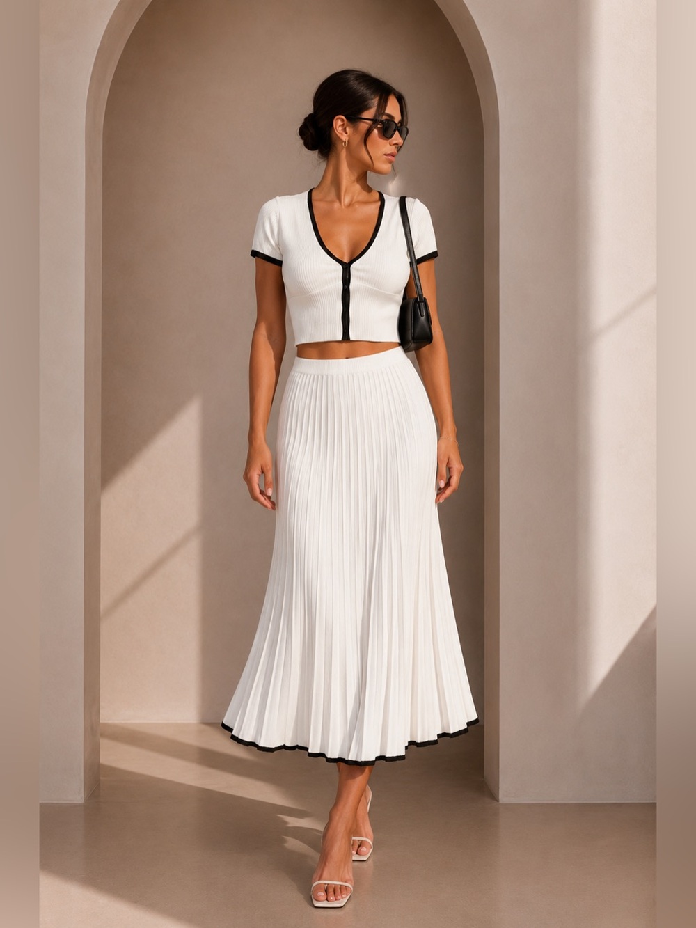 Commense White Midi Pleated Skirt and Crop Top Set with Black Trim